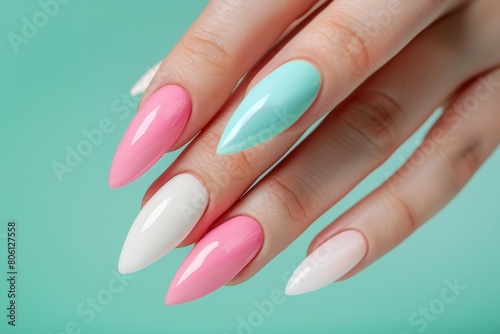 female  manicure. Beautiful young woman s hands on pastel color  background - Image. Beautiful simple AI generated image in 4K  unique.