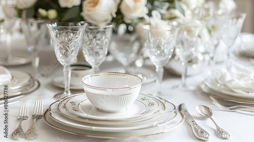A sophisticated wedding table setting featuring fine china and crystal glassware, showcased against a backdrop of pure white sophistication.