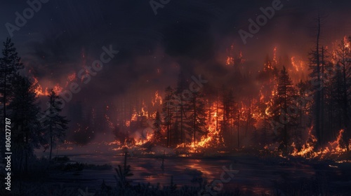 A forest ablaze at night, with flames illuminating the dark sky and casting an eerie glow on the surrounding landscape.