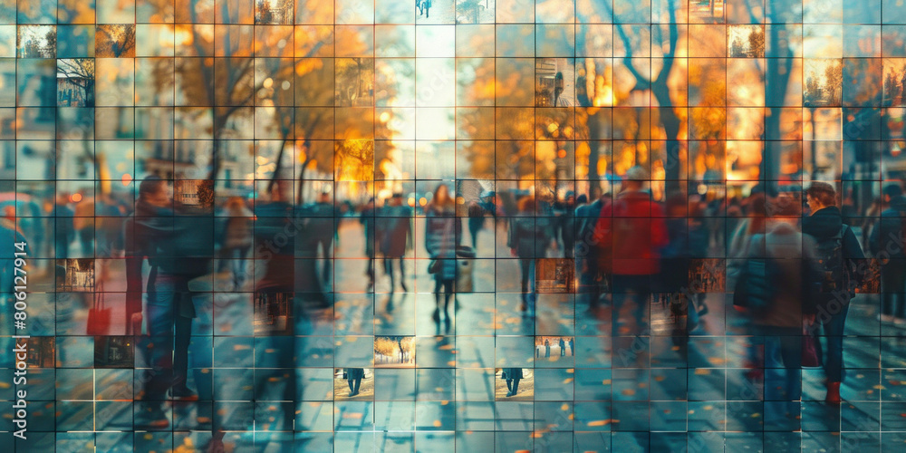 Fototapeta premium Blurred urban scene people walking on street in front of glass building wall, city life concept