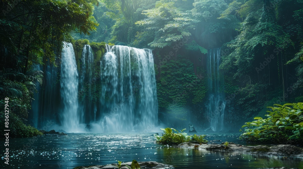 Craft an image of a serene waterfall hidden within a lush forest Craft an image of a serene waterfall hidden within a lush forest