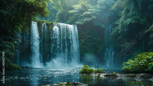 Craft an image of a serene waterfall hidden within a lush forest
