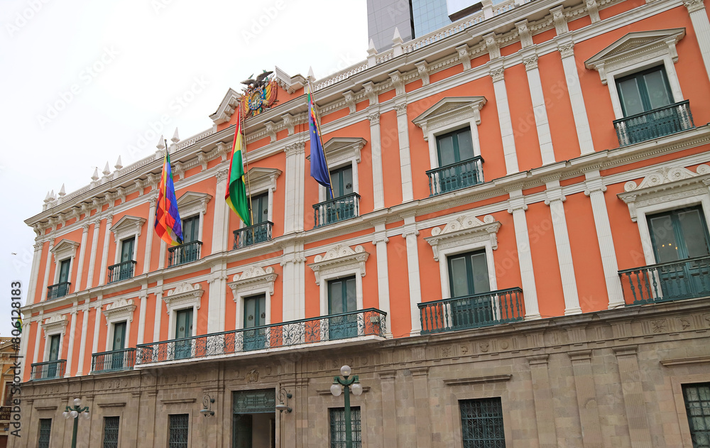 Bolivian Palace of Government or Palacio Quemado with the Coat of arms of Bolivia, Plaza Murillo, La Paz, Bolivia, South America