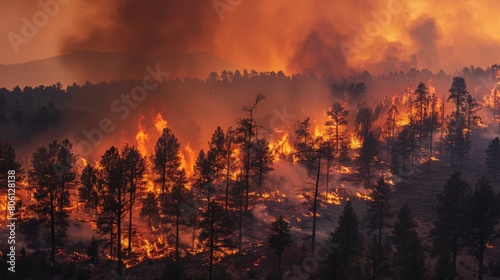 A forest fire spreading rapidly through dry vegetation  fueled by strong winds and high temperatures  posing challenges for containment efforts.