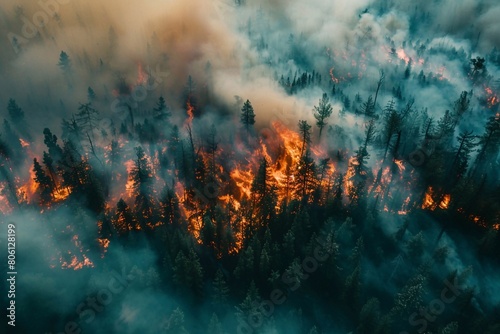 An overhead perspective capturing the rapid spread of a wildfire through a dense forest, as flames engulf trees and vegetation, sending columns of smoke skyward. photo