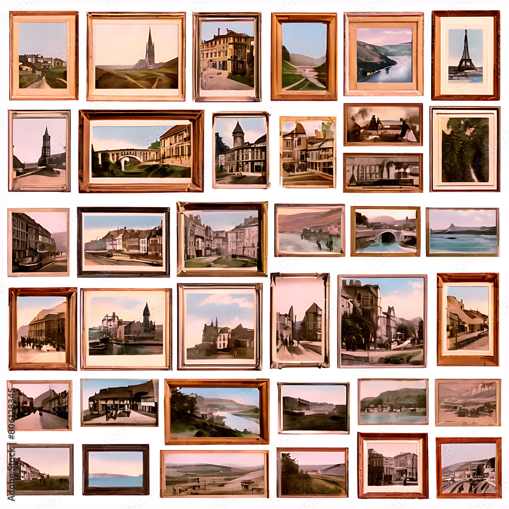A collection of framed vintage postcards Transparent Background Images 