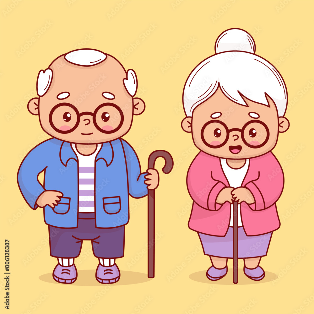 Happy grandparents. Cute elderly grandmother and gray-haired man with glasses with stick. Vector illustration. Isolated positive cartoon female and male character grandma lady and granddad.