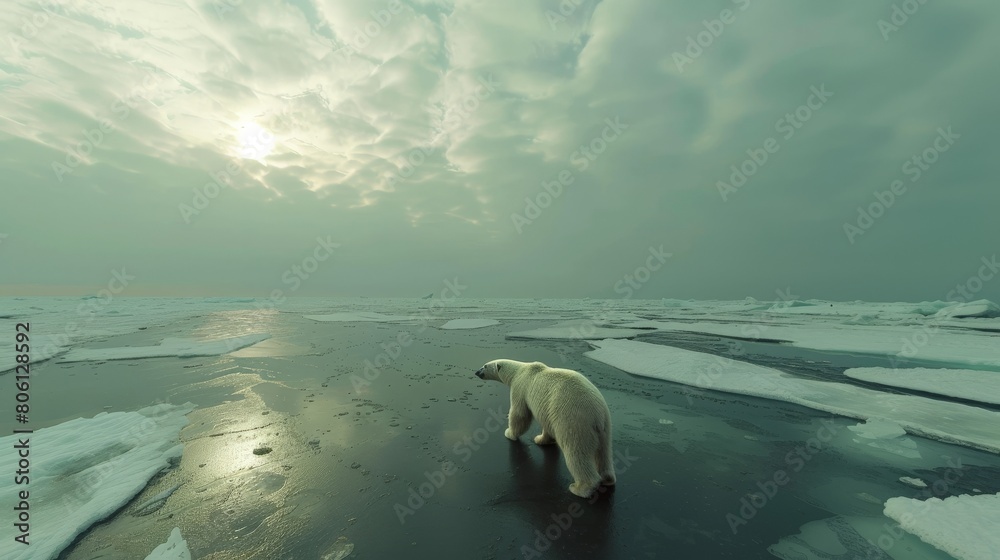 A solitary polar bear wandering on melting ice in the Arctic