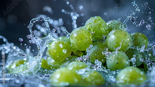 water splashing onto a green grape, in the style of cleared background, Fresh, clean fruit juice with a green grape flavor, a flavored fruit drinks, fresh fruit products from organic gardens.