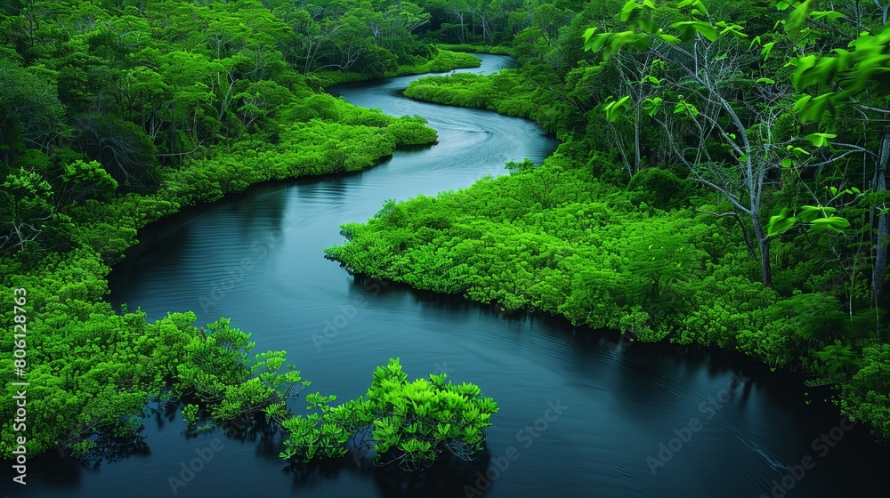 Fototapeta premium Craft an image of a tranquil river winding through lush greenery