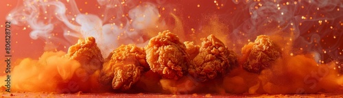 A mouthwatering display of crunchy fried chicken surrounded by a cloud of flavorful seasonings on a vibrant red backdrop photo