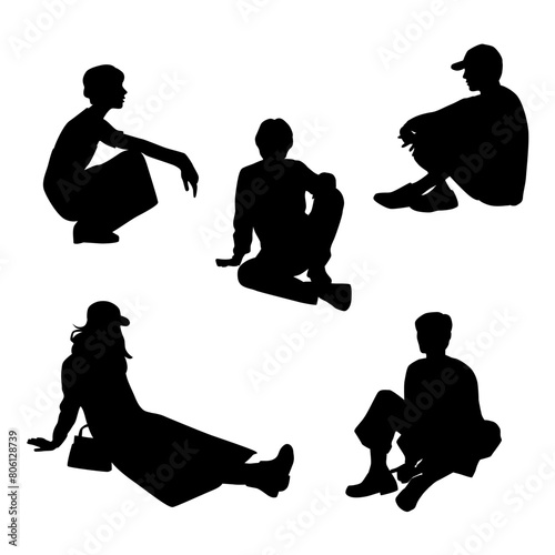 Vector silhouettes of  men and a women, a group of sitting   business people, profile, black  color isolated on white background
