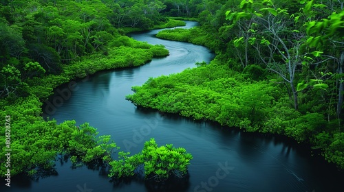 Craft an image of a tranquil river winding through lush greenery