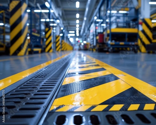 An intricate portrayal of the safety precautions taken in a manufacturing space through anti slip floor markings, emphasizing their placement and clarity