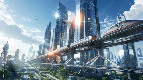 A futuristic city skyline with high-speed trains crisscrossing above, illustrating the integration of rail transport into urban environments. photo