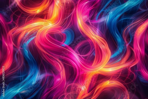 Create a swirling pattern of bold neon colors against a dark background, resembling tangled cables
