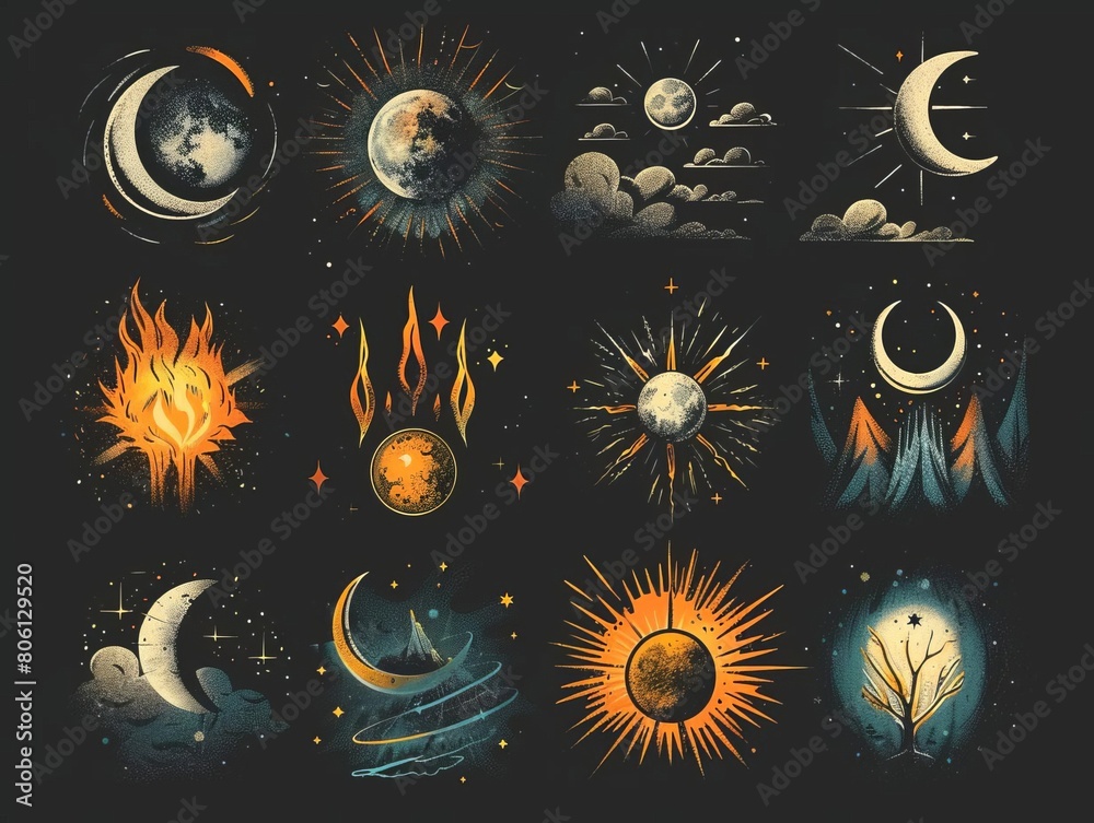 Symbolic icons representing the unseen forces of a universes weather system, depicted in a minimalist style Symbolic icons representing the unseen forces of a universes weather system, depicted in a minimalist style