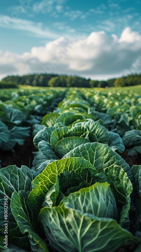 Vibrant green cabbage leaves stretching across a vast field under a clear blue sky