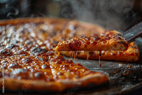 A pizza cutter slicing through a freshly baked pie, releasing a burst of steam and aroma.