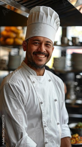 A chef wearing a traditional white chefs coat and hat  with a big smile on their face