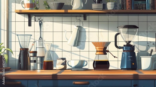 A closeup illustration capturing the process of brewing coffee at home, showcasing the small but significant steps involved in creating a perfect cup of joe photo