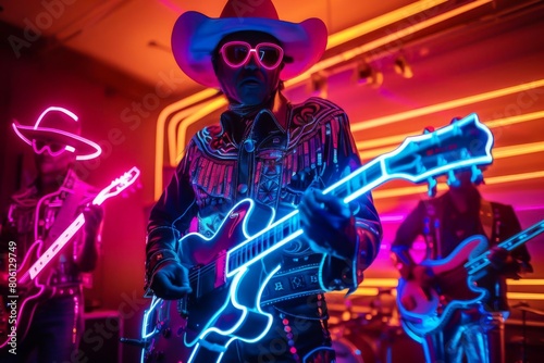 Country singers blending twangs with Neon punk visuals, cowboy hats, and guitars adorned with neon