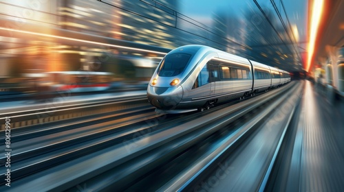 A futuristic high-speed train gliding effortlessly on magnetic levitation tracks, revolutionizing the concept of rail travel.