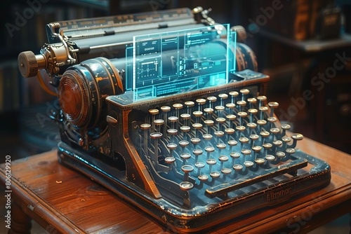 Vintage typewriter with digital screen display, a fusion of old design and new technology