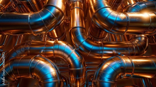 A detailed illustration of a complex network of copper pipes intertwined and overlapping in a mesmerizing pattern