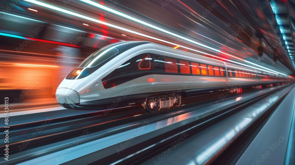 A futuristic high-speed train gliding effortlessly on magnetic levitation tracks, revolutionizing the concept of rail travel.