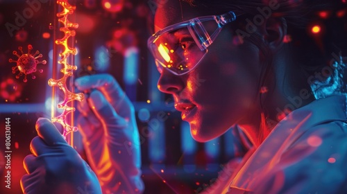 showcases scientists conducting pharmaceutical research on blood cells and antiviral treatments. Holding medical test tubes or small vials and using biotechnology to sequence genomic DNA.