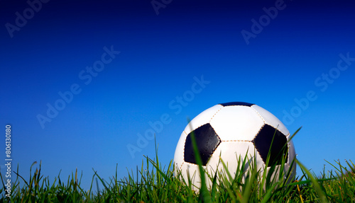 low angle view of a classic soccer ball in a field of grass