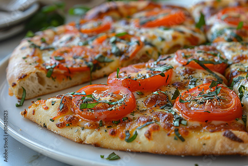 A slice of pizza, adorned with fresh basil leaves and juicy cherry tomatoes, promising a burst of flavor.