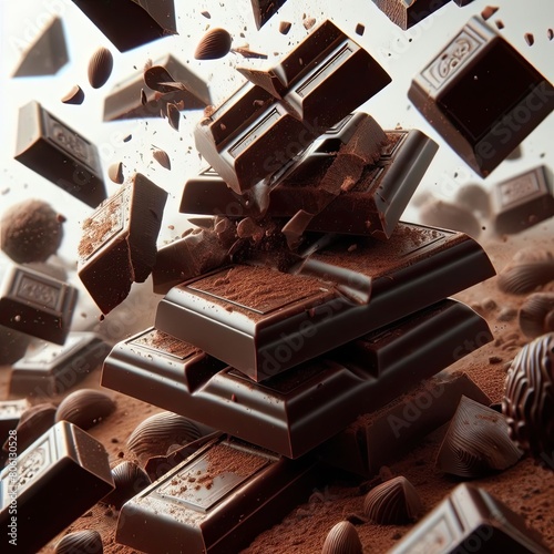 Falling pieces of dark chocolate close-up. Chocolate day.