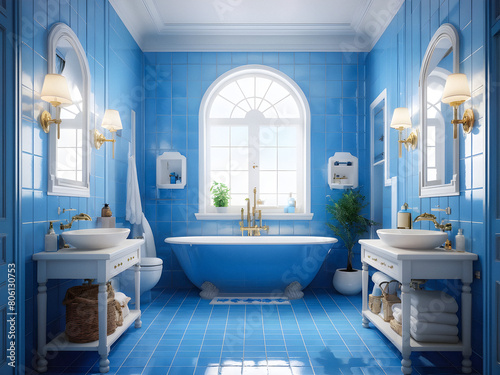 Coastal Breeze Bathroom  Fresh   Spacious with Blue Accents.  Relaxing Blue Bathroom with White Tile Serenity. generative AI