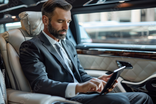 Businessman in suit using tablet while traveling in luxurious limousine. Shallow depth of field © Mikhail