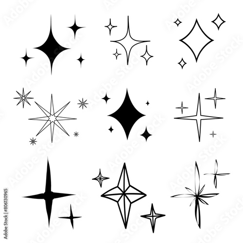Wallpaper Mural Star formation, four-pointed diamond-shaped elements. Set of hand-drawn black stars on a light background. Vintage vector elements. Torontodigital.ca
