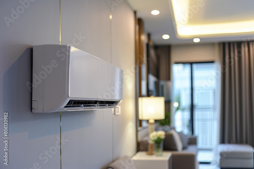 Close-up view of a modern air conditioning unit on a  wall in living room. Shallow depth of field