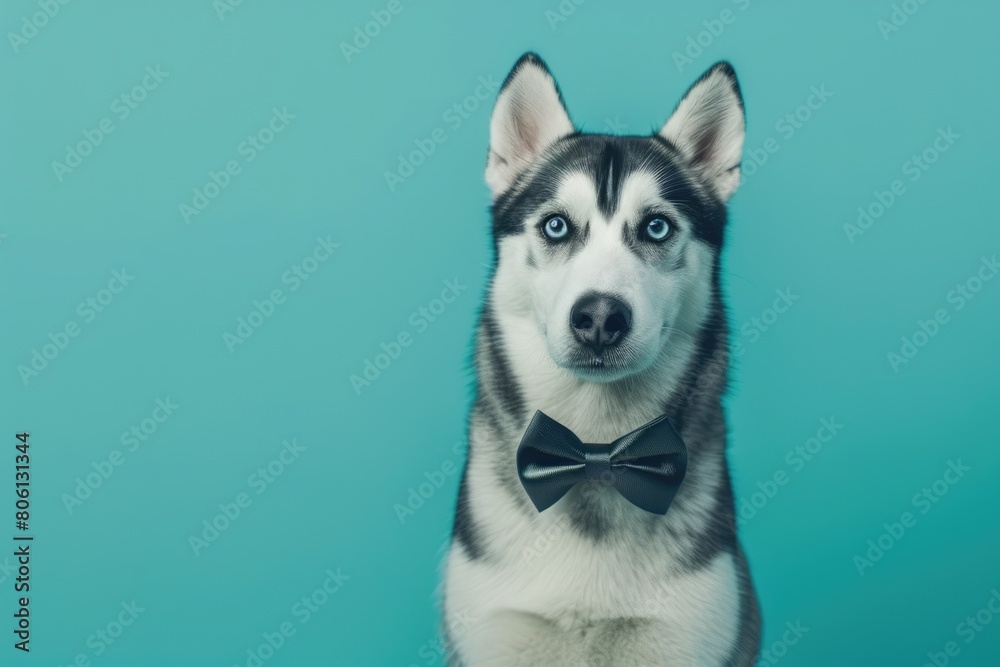 Glamorous Siberian Husky wearing a shiny bow tie, isolated on a vivid turquoise background, highlighting its striking blue eyes, Glamorous Siberian Husky wearing a shiny bow tie, isolated on a vivid turquoise background, highlighting its striking blue eyes,