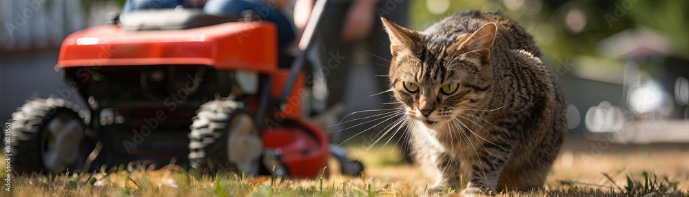 Obraz premium A cat dramatically arching its back and puffing up its fur at the sudden startup of a lawnmower, all in slow motion with a backyard summer setting
