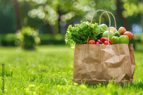 An environmentally friendly grocery concept with a brown paper bag full of fresh produce, placed on a grassy outdoor setting, photo