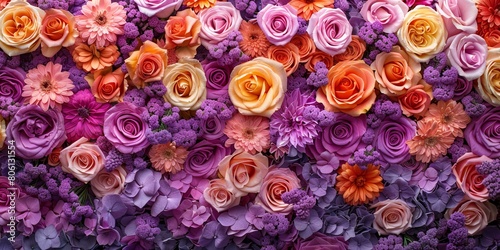 Romantic Valentine's Day Background with Multicolored Flowers. Floral Wallpaper with Purple, Pink and Orange Roses.