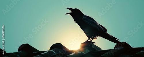 A crow cawing melodramatically from a rooftop, its silhouette against the bright summer sky photo