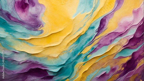 Abstract background of acrylic paint in blue, yellow and purple tones.