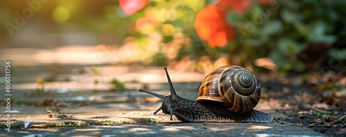 A snail retracting into its shell with exaggerated slowness at the shadow of a passing bird, on a sunny garden path photo