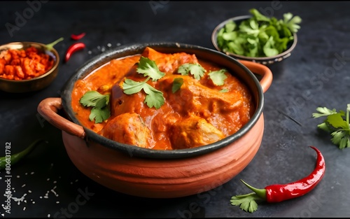 Chicken tikka masala in a clay pot on black background, photo, stock photos, life stock, best selling, viral, trending, ai generative