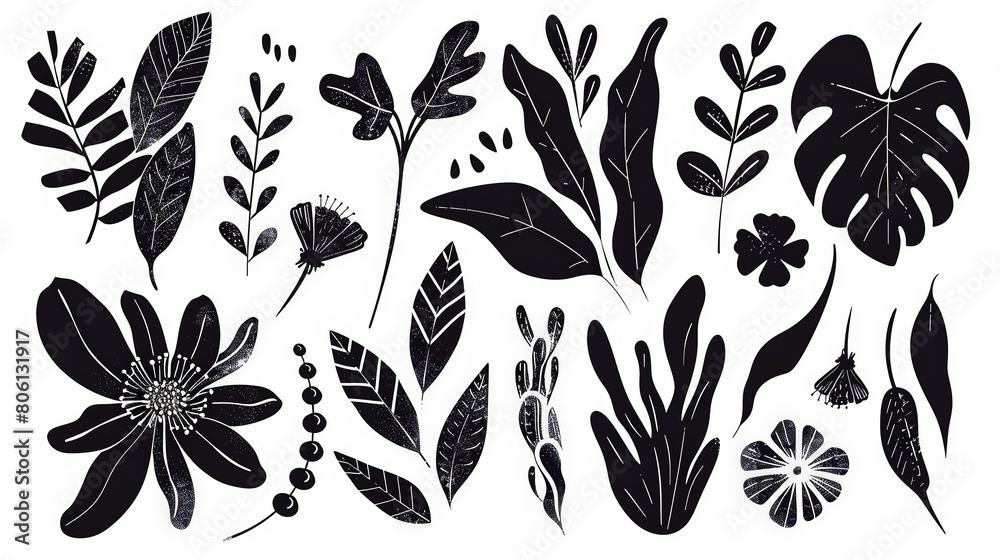 abstract flowers and leaves set . botanical linocut plant and organic elements. Ai generative abstract flowers and leaves set . botanical linocut plant and organic elements. Ai generative
