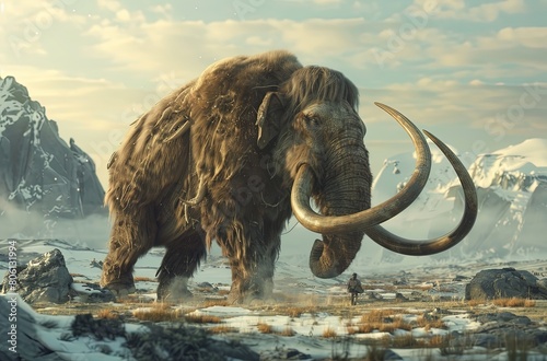 A woolly mammoth with large white tusks and long fur.