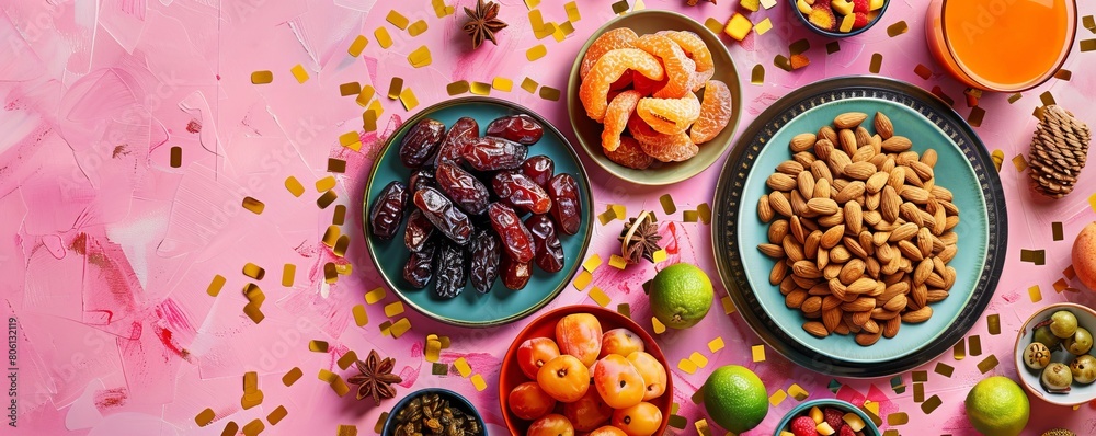 Eid al-Fitr holiday concept with sweet dried dates, fruits and decorations on bright background. Top view from above
