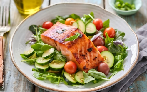 A mouthwatering photo of a hearty salmon fish salad meal, stock photos, life stock, viral, trending, best selling, ai generative